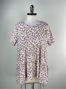 💚 3717. Floral Short Sleeve Babydoll Top - White with Pink Floral